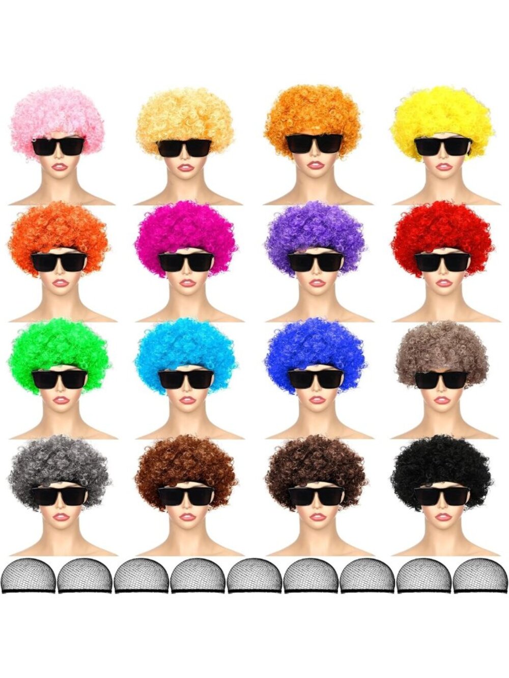 Colorful Halloween Clown Wigs with Bangs & Sunglasses - 16 Sets Bulk Party Fun